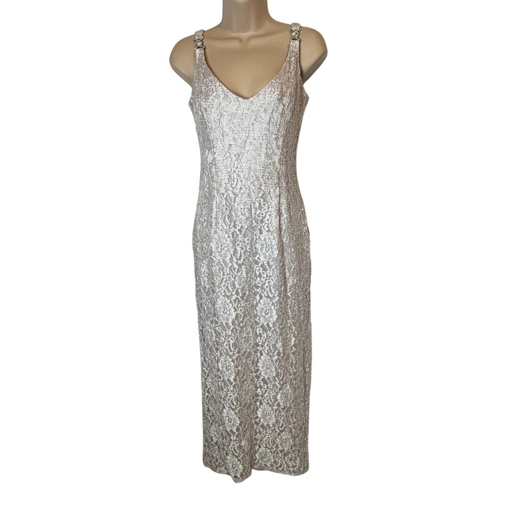 Jessica McClintock Silver Lace Gown Sz 6 Sparkle Evening Prom Dress Formal Maxi